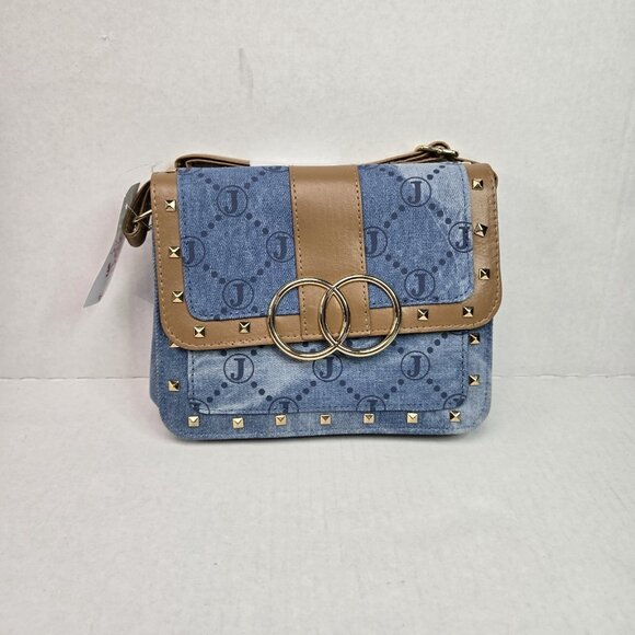 NWT Justice Girls Blue Denim Tan Faux Leather Accent Cross Body Purse - Picture 1 of 5